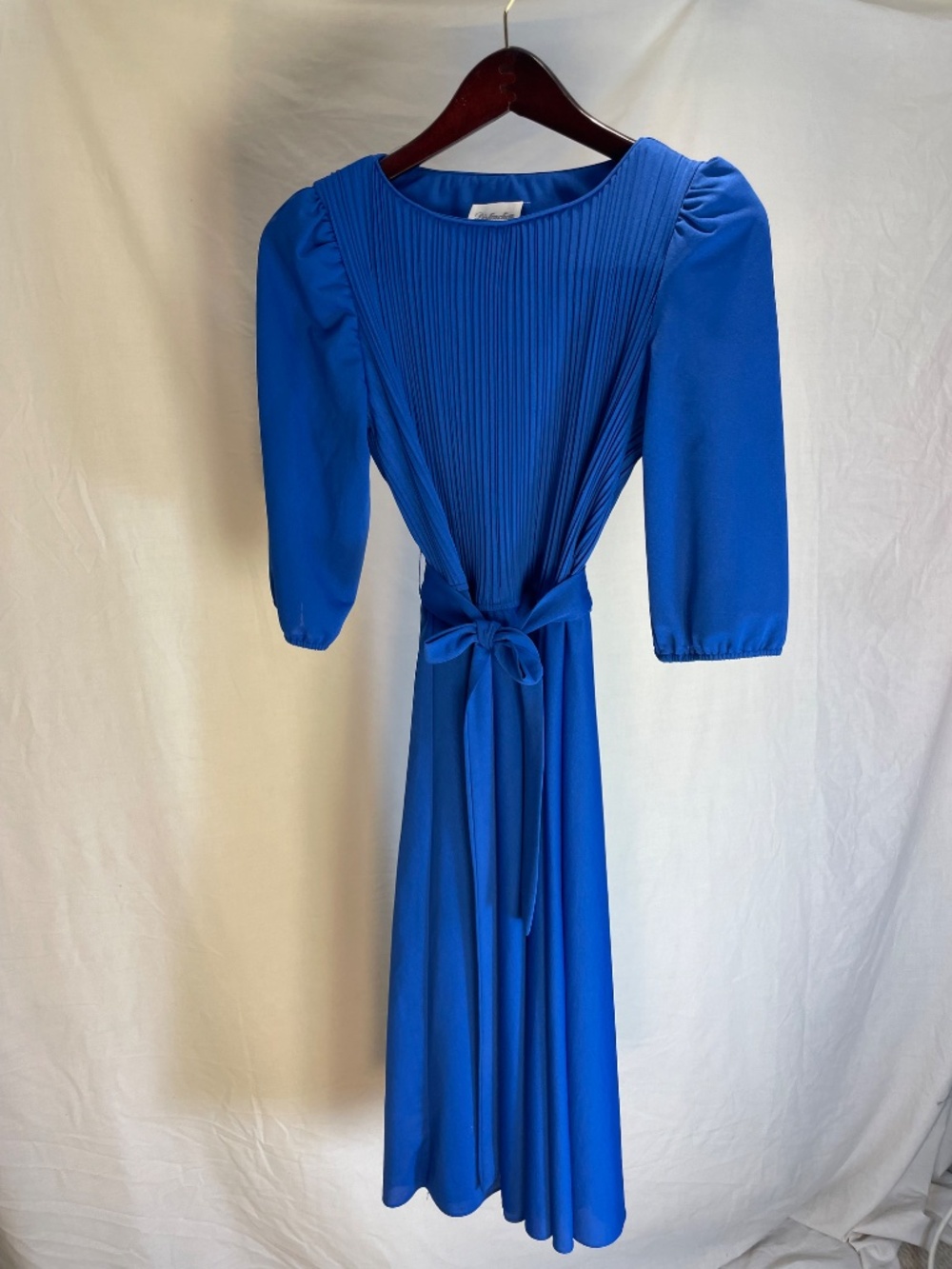 Vintage Cobalt Blue Pleated Midi Dress | Puff Sleeve Tie Waist Retro Secretary